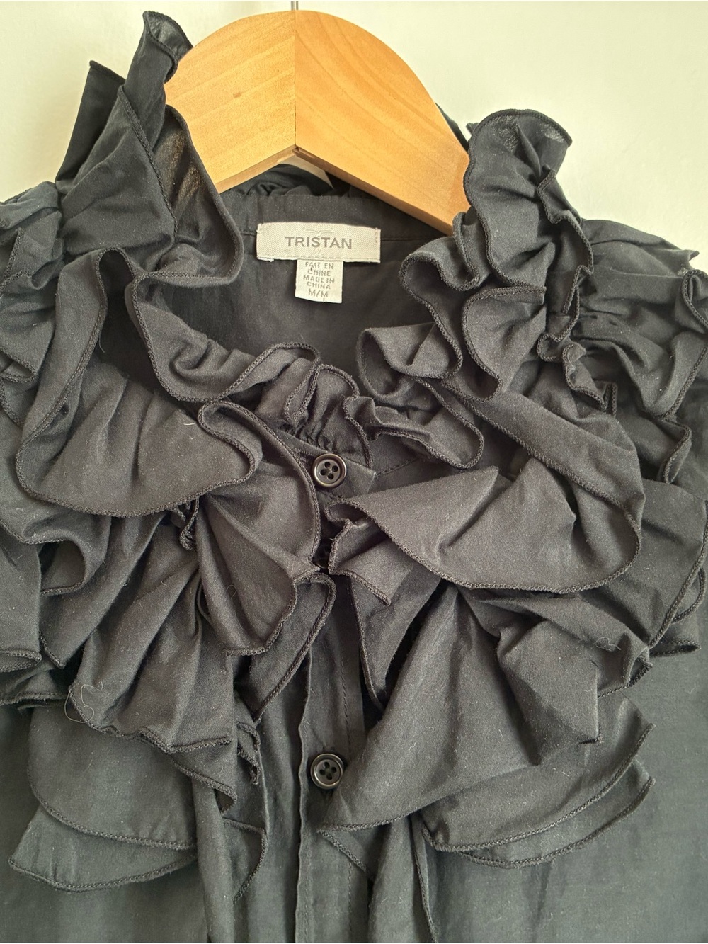Tristan Cotton Silk Black Sleeveless Ruffle Neck Button Blouse M - Picture 3 of 9